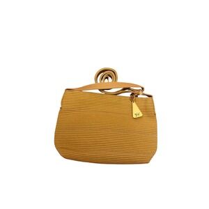 EUC Sharif Straw Woven Shoulder Bag Americana Gold Tone Strap‎ Accordion Style